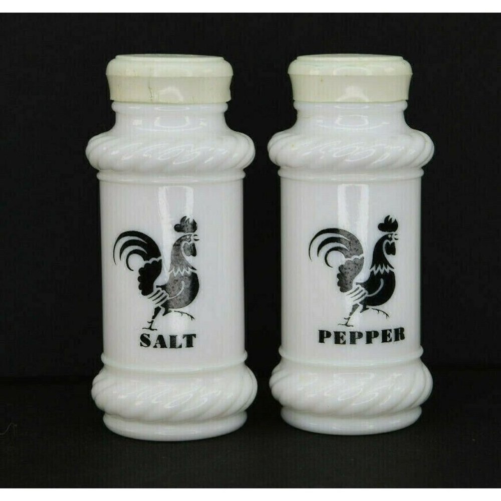 Vintage Hazel Atlas Milk Glass With Black Roosters Salt And Pepper Shakers